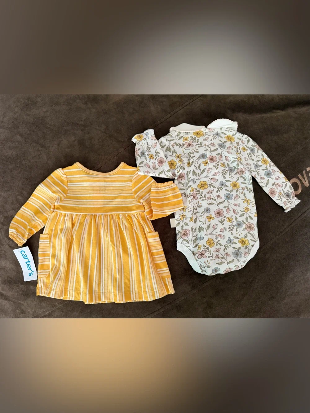 Two pieces Carter’s Yellow Striped Dress AND  Floral Collar Bodysuit
